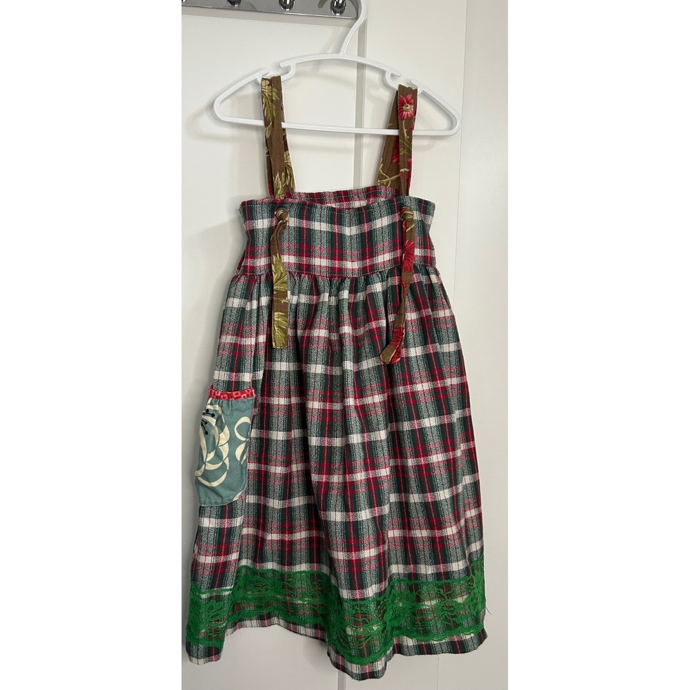 Matilda Jane Girls Size 2 Plaid Knot Dress Red Green Floral Lace Trim‎ USA Made